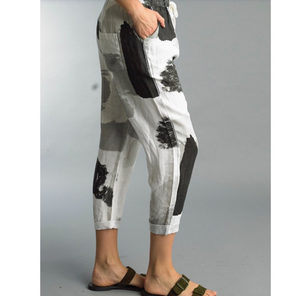 Tempo Paris Flora Silver Brush Stroke Linen Wide Leg Pull-On Pants Medium - Picture 2 of 14